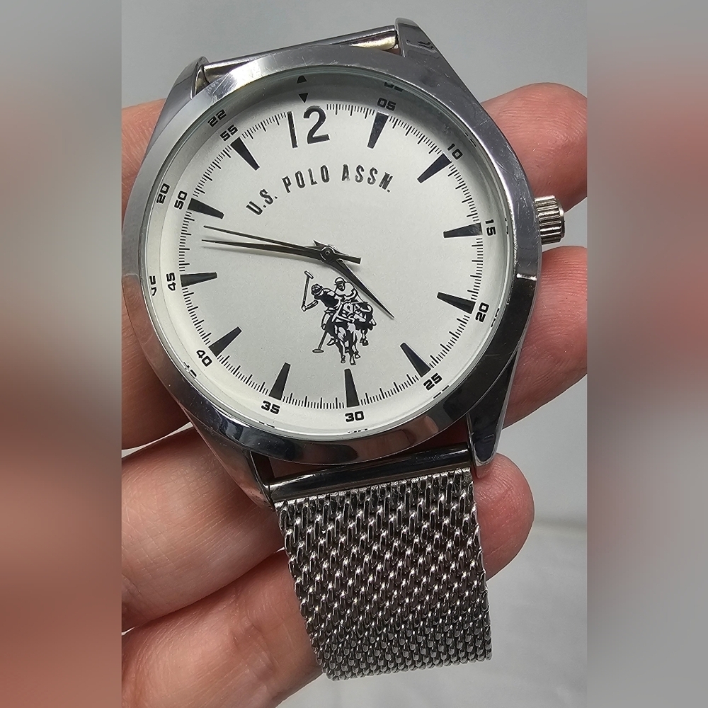 U.S. POLO ASSN. STAINLESS STEEL Silver Band White Dial Watch WORKS New Battery - Picture 12 of 13